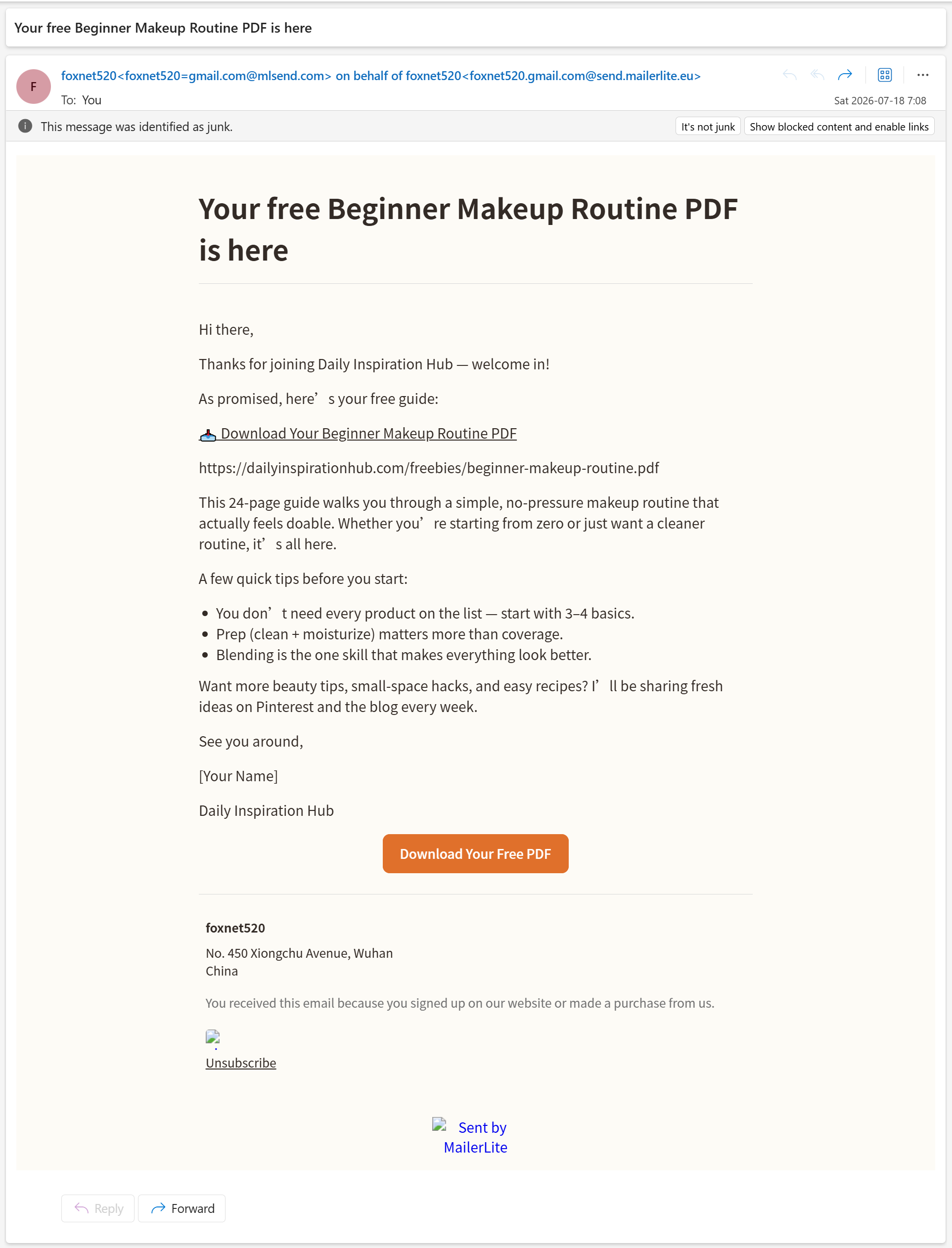 The welcome email containing the free PDF download button