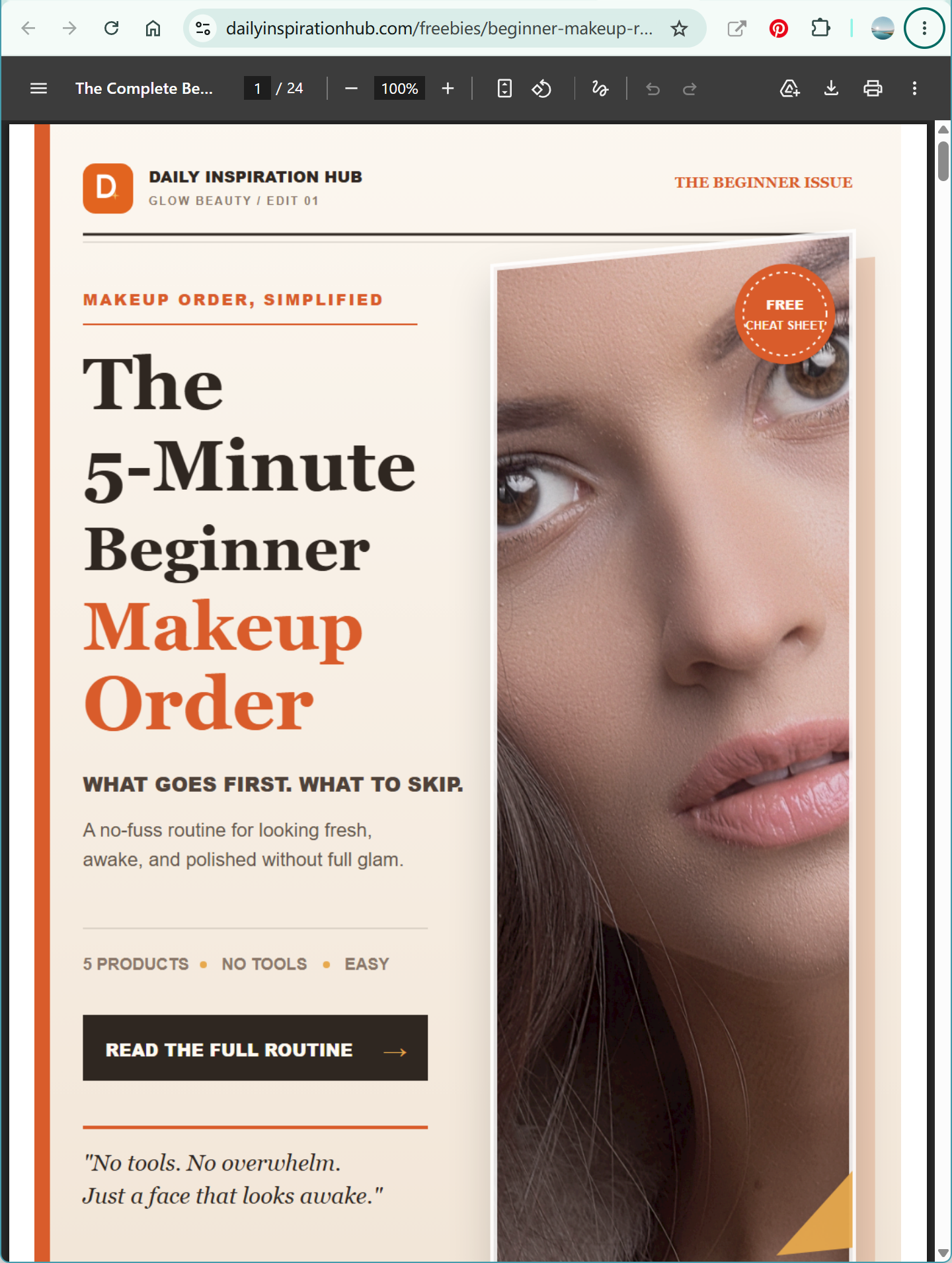 The first page of the 24-page beginner makeup routine PDF after downloading