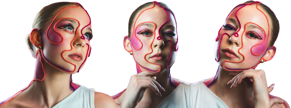 Three portrait angles of the same face, each painted with vivid red contour lines that map the cheekbone hollow, jaw, temples and sides of the nose — a visual guide to where shadow actually belongs on the face
